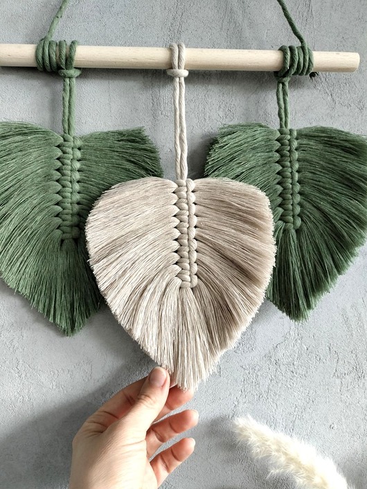 makramy Makrama Liście Szałwia i Beż Ozdoba Ścienna Botaniczna Boho 30x30 cm