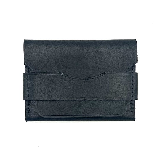 portfele damskie Mały czarny portfel skórzany na karty ręcznie uszyty.