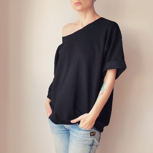 bluza bez kaptura damska Bluza cięta krótki rękaw szeroki dekolt Czarna