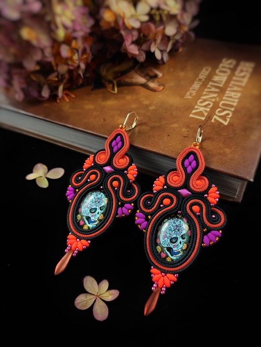kolczyki soutache Muertos kolczyki sutasz czarny pomarańcz