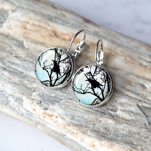 kolczyki szklane KOLCZYKI KRUKI, zapinane na biglu