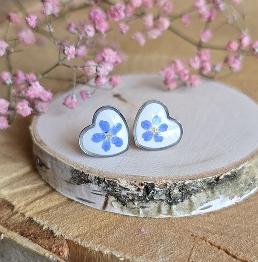 kolczyki z żywicy Kolczyki z kwiatami srebrne kwiaty niezapominajki niezapominajkami prawdziwe