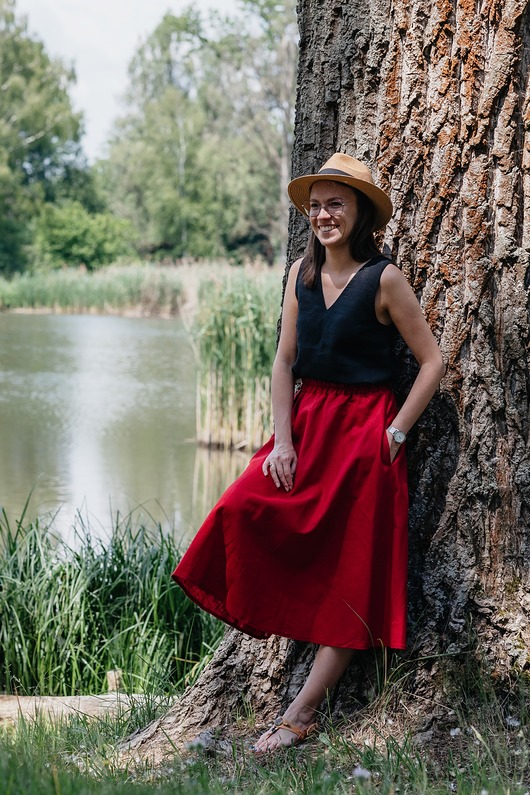 spódnice midi Lniana spódnica z kieszeniami - ciemna czerwień