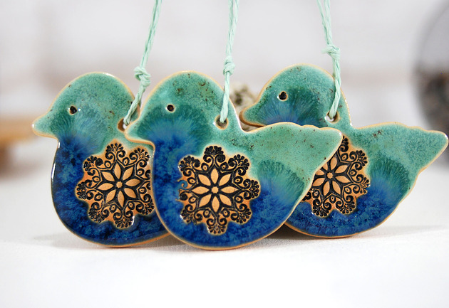 Ozdoby na ścianę Turkusowe sikorki - ceramiczne ozdoby wiszące