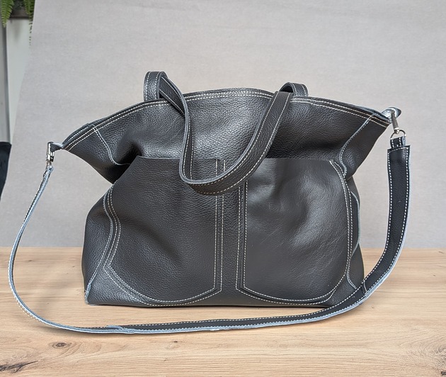 torby na ramię Duża szara skórzana torba z dużymi kieszeniami