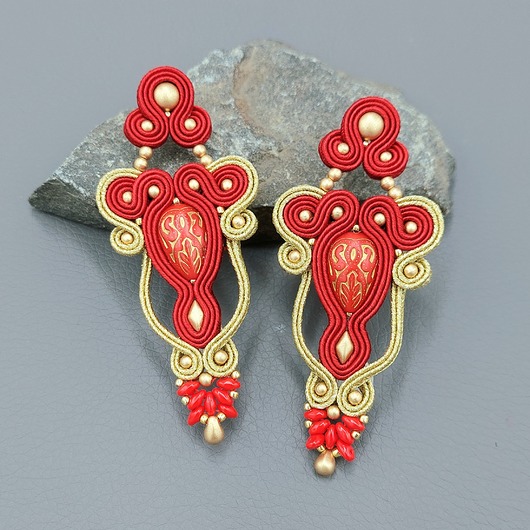 kolczyki soutache Vintage złoto czerwone ażurowe długie kolczyki sutasz