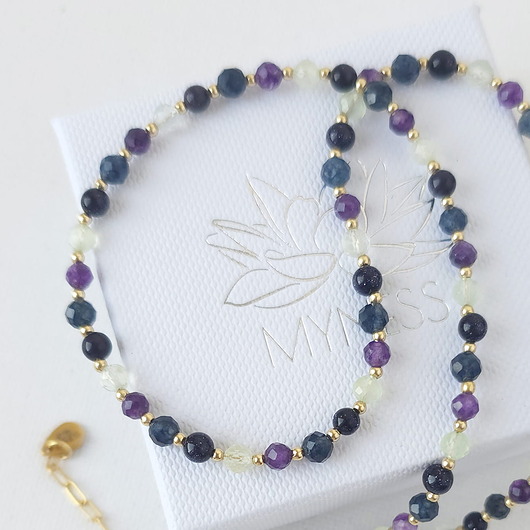 korale Naszyjnik z kamieni naturalnych: chalcedon, prehnit, ametyst, noc kairu