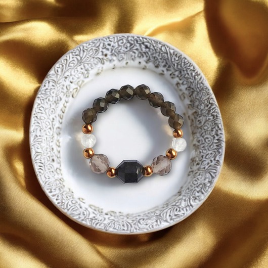 pierścionki elastyczne OCHRONA : pierścionek II - turmalin, obsydian, kwarc dymny, kryształ górski