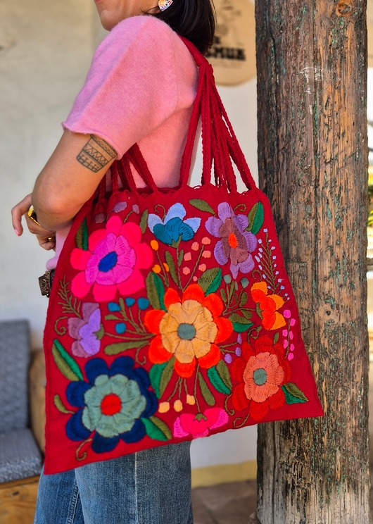 torby na ramię Torba haftowana Bordado kolorowe kwiaty hafty z Meksyku Czerwona