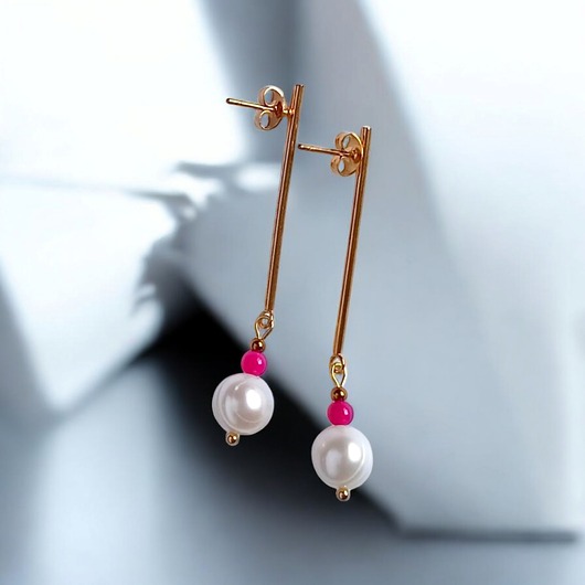 kolczyki z kamieniami Kolczyki FUCHSIA & PEARL collection: perła i agat : długie sztyfty