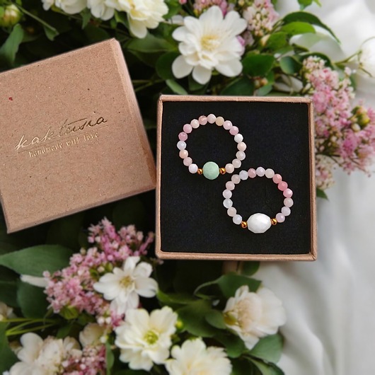 pierścionki elastyczne PREMIUM : zestaw pierścionków : cukierkowy : opal, amazonit, k.księżycowy