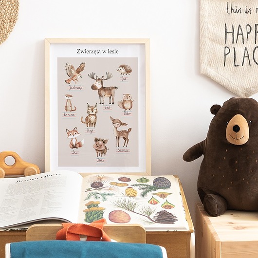 obrazy i plakaty do pokoju dziecięcego Plakat edukacyjny ZWIERZĘTA W LESIE - Plakaty Na Ścianę Dla Dzieci MONTESSORI