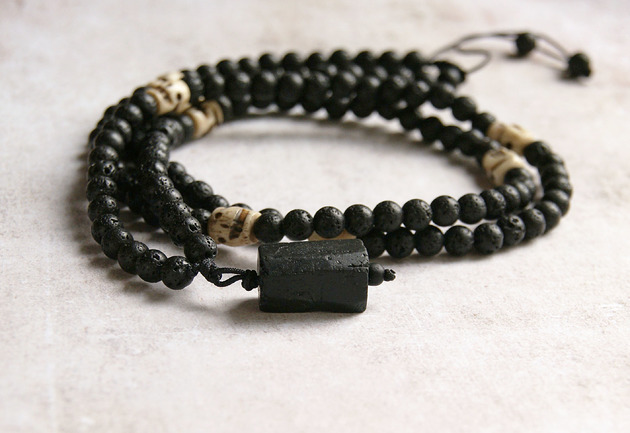 biżuteria męska UNIKAT: turmalin, lawa, czaszki-kości yaka- naszyjnik