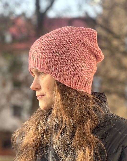 czapki damskie Przejściowa czapka  Marmurka bawełna z merynosem różowa