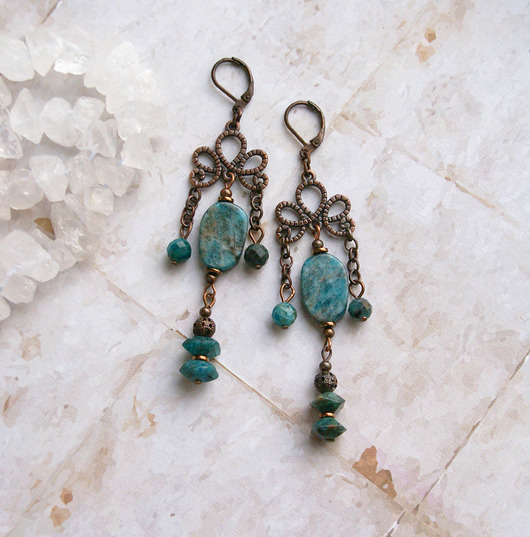 kolczyki z miedzi UNIKATOWE kolczyki : apatyt w miedzi