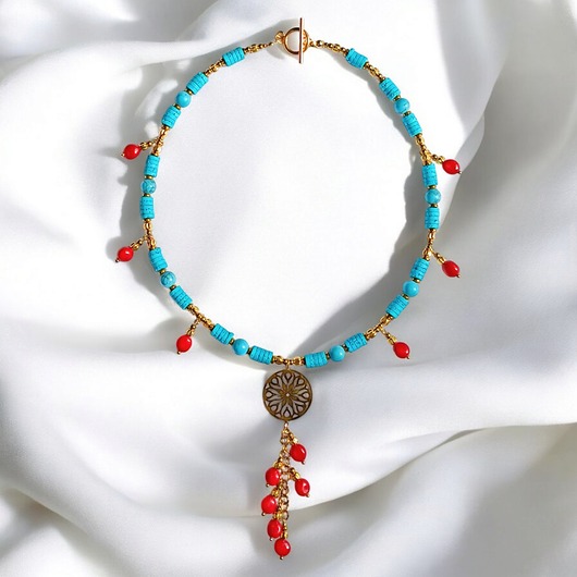 naszyjniki - inne UNIKATOWY naszyjnik : INDIA : turkus, czerwień złoto