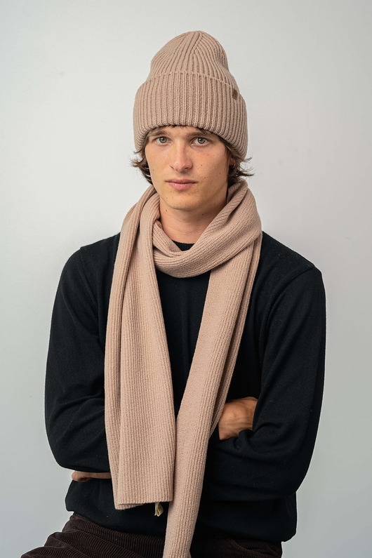 szale damskie Szalik Wełniany KARIBU Karmelowy- pluszowy prążkowany szal 100% wełny merino