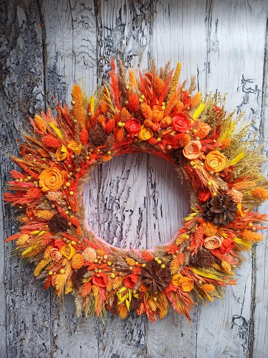 wianki Wianek jesienny pomarańczowy,  autumn wreath, wieniec z suszu, 45 cm