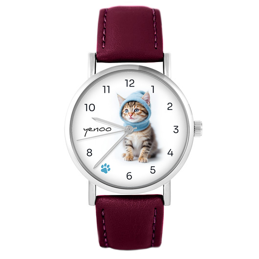 zegarki damskie Zegarek - Kotek - skórzany, burgund