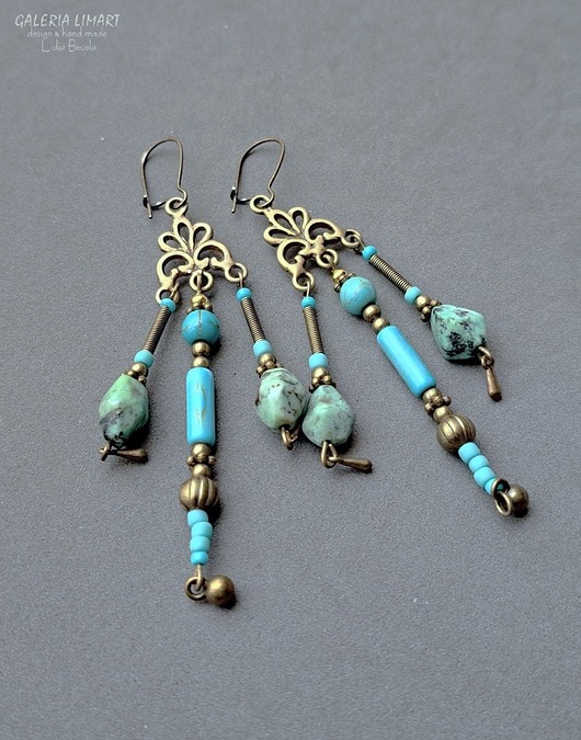 kolczyki z kamieniami Turkusowe kolczyki w stylu boho unikat handmade dla fanki turkusów PREZENT