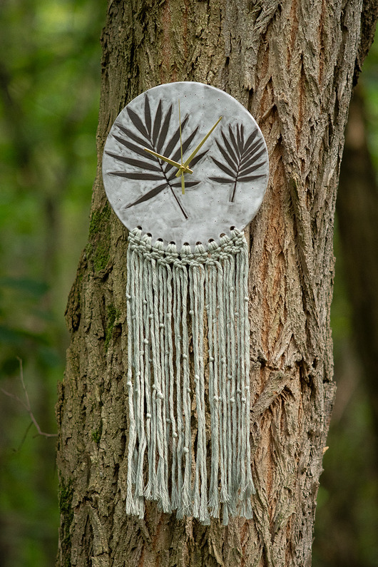 zegary Ceramiczny zegar ścienny z makramą handmade liście palmy