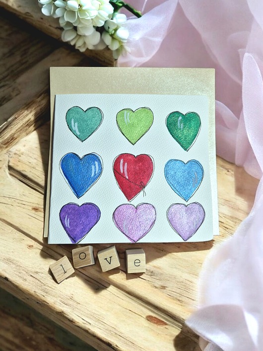 kartki scrapbooking Kartka walentynkowa, kartka ręcznie malowana akwarelami na Walentynki