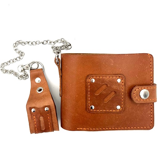 portfele damskie Brązowy portfel skórzany na bilon ręcznie uszyty z łańcuszkiem.
