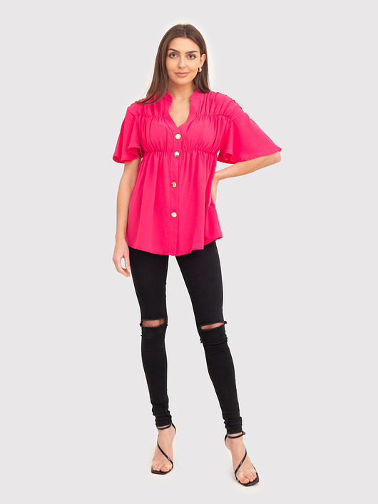 t-shirt damskie Różowy top z dekoltem w serek zapinany na guziki z marszczeniem TA591 PINK