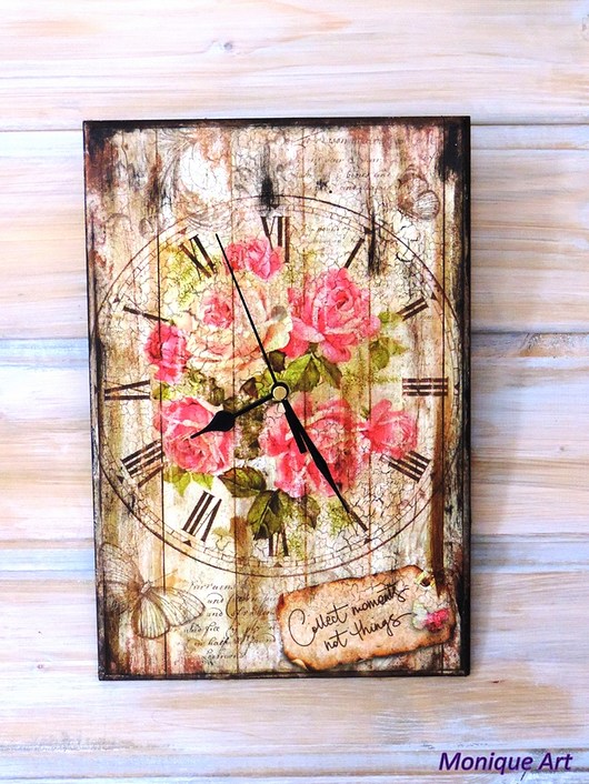 Zegar shabby chic, róże, vintage Monique Art