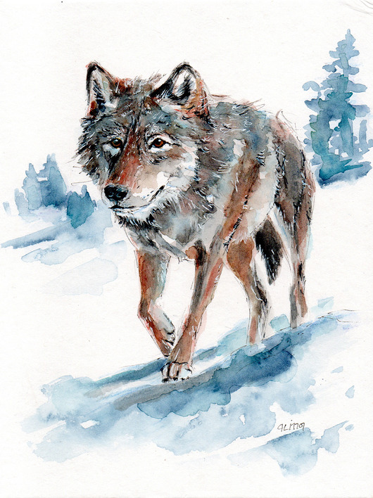 grafiki i ilustracje Obraz ręcznie malowany "Wilk"