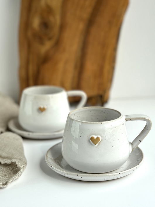 filiżanki Zestaw dla dwojga - Filiżanka  ręcznie robiona 250 ml - Biała z sercem