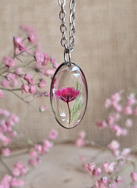 wisiory Wieczne kwiaty różowe prawdziwe kwiaty wisiorek gipsówka srebrna