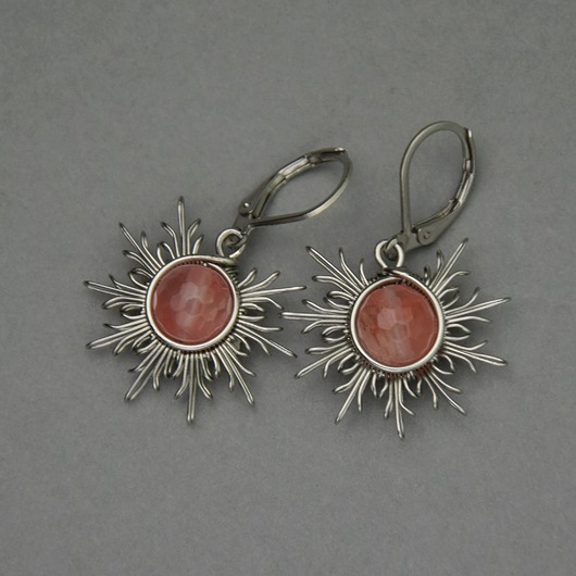 kolczyki wire wrapping Różowe kolczyki słońce kwarc malinowy wire wrapping słoneczka