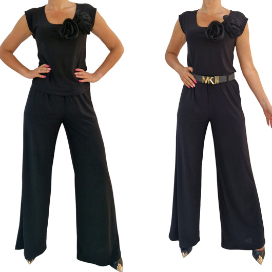 kombinezony damskie CZARNY ELEGANCKI SET komplet spodnie bluzka z różami 36-56