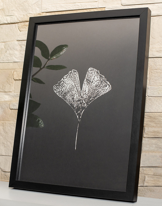 obrazy Obraz w ramie. Botaniczny plakat. Miłorząb Ginkgo liść SREBRNY A4
