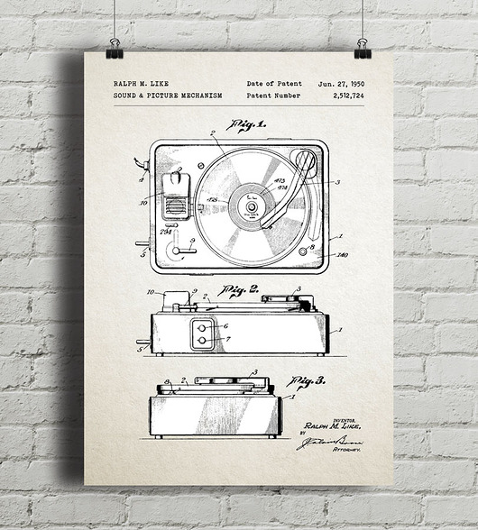 Gramofon - patent - plakat vintage minimalmill