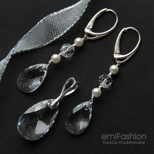 Kryształowe łzy z perłą - komplet MAREMI Jewelry