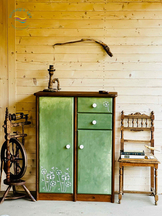komody Ręcznie malowana, zielona komoda, szafka na buty, bieliźniarka, dmuchawce