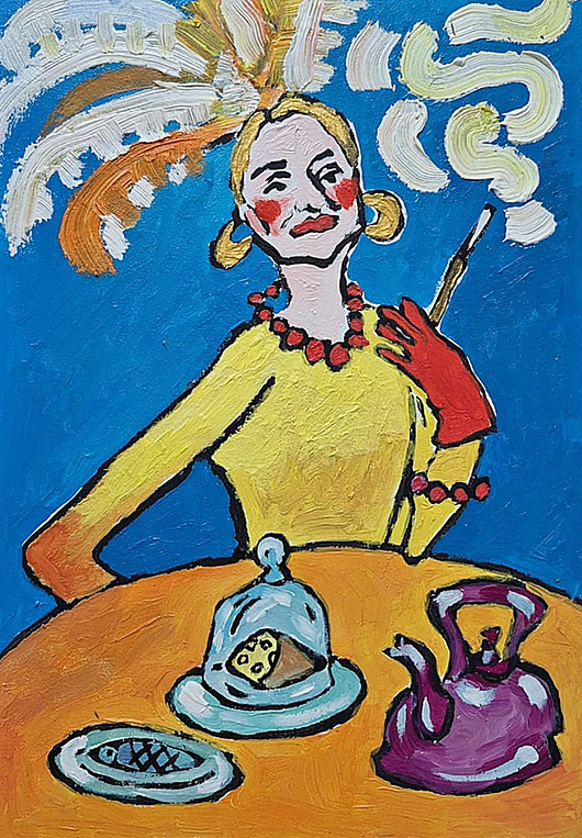 obrazy Obraz do salonu portret babci pióra nad głową, cisza na stole