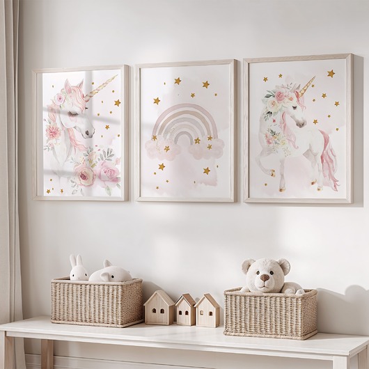 obrazy i plakaty do pokoju dziecięcego Jednorożec tęcza zestaw 3
