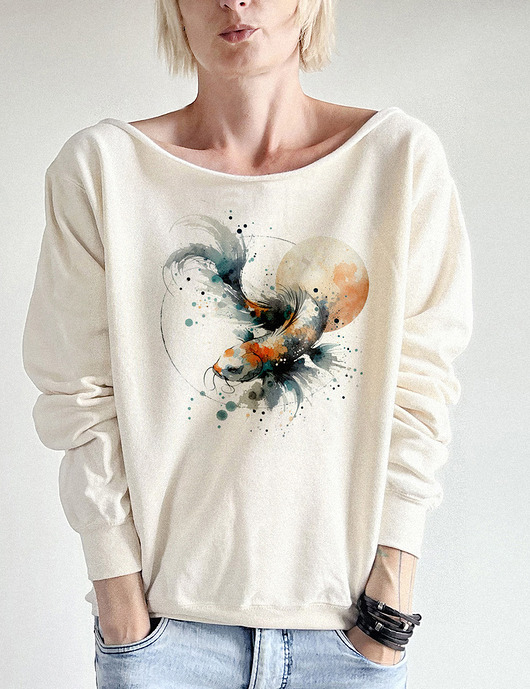 bluza bez kaptura damska Koi zielony waniliowa bluza cięta