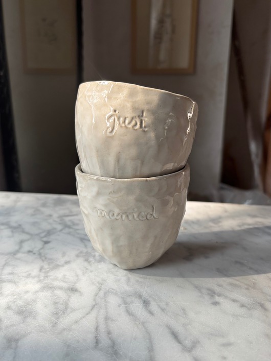 kubki i filiżanki Zestaw 2 Organicznych Ceramicznych Czarek Just Married 220 ml Ślubne Czarki