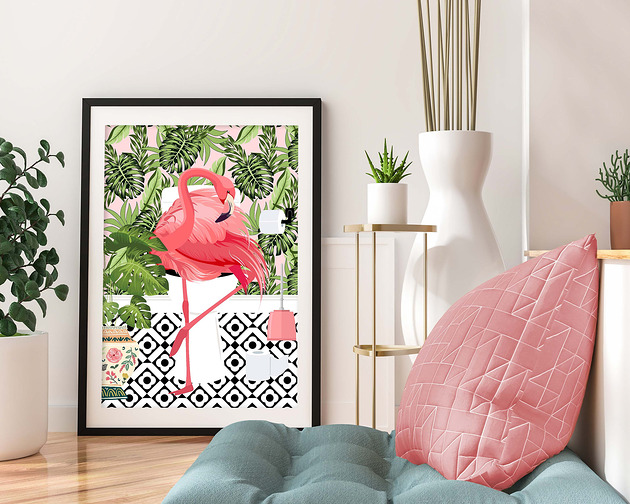 grafiki i ilustracje Plakat Flaming W Tropikalnej Łazience