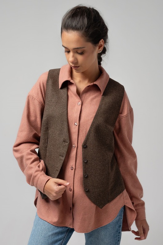kamizelki damskie Wełniana elegancka kamizelka oversize, CHOCOLATE BROWN