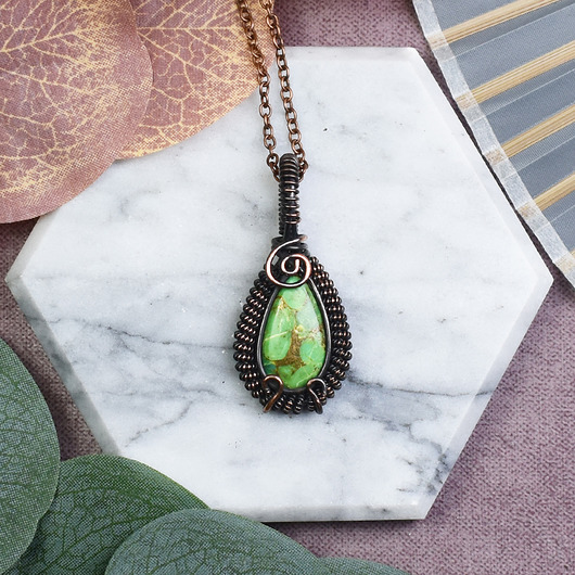 wisiory Miedziany wisiorek wire wrapping z jaspisem imperialnym #529
