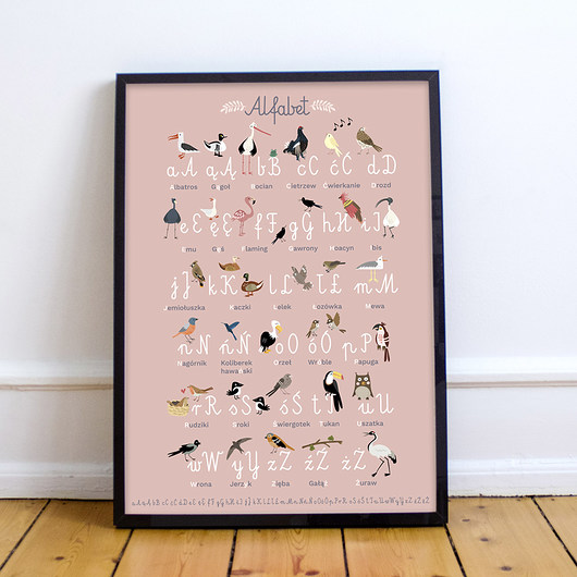 obrazy i plakaty do pokoju dziecięcego Plakat Alfabet Ptasi III Brudny róż 50x70 cm.