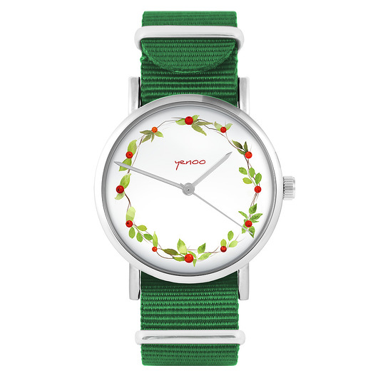 zegarki damskie Zegarek - Wianek, dzika róża - zielony, nylonowy