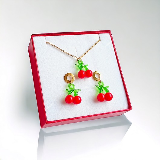 komplet biżuterii KOMPLET : wisienki : naszyjnik klasyczny łańcuszek, kolczyki