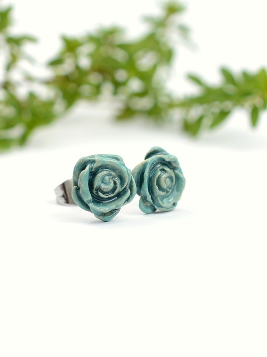 kolczyki ceramiczne Ceramiczne, turkusowe  róże- kolczyki sztyfty 3d