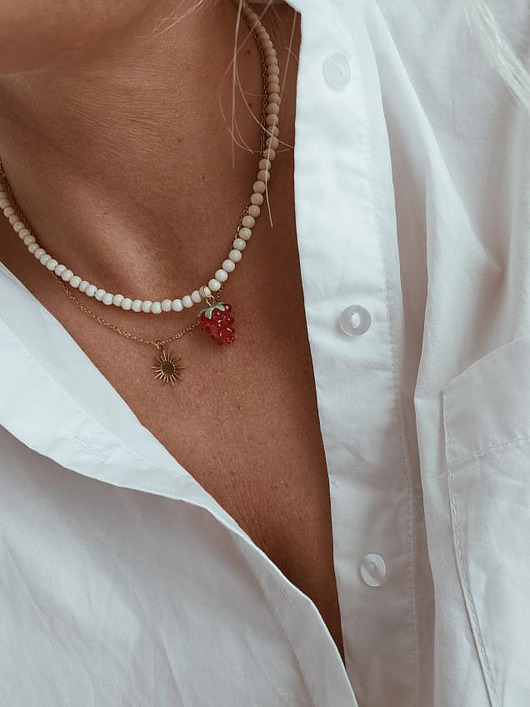 naszyjniki - inne Naszyjnik z kamieniem rzecznym i zawieszką malinką